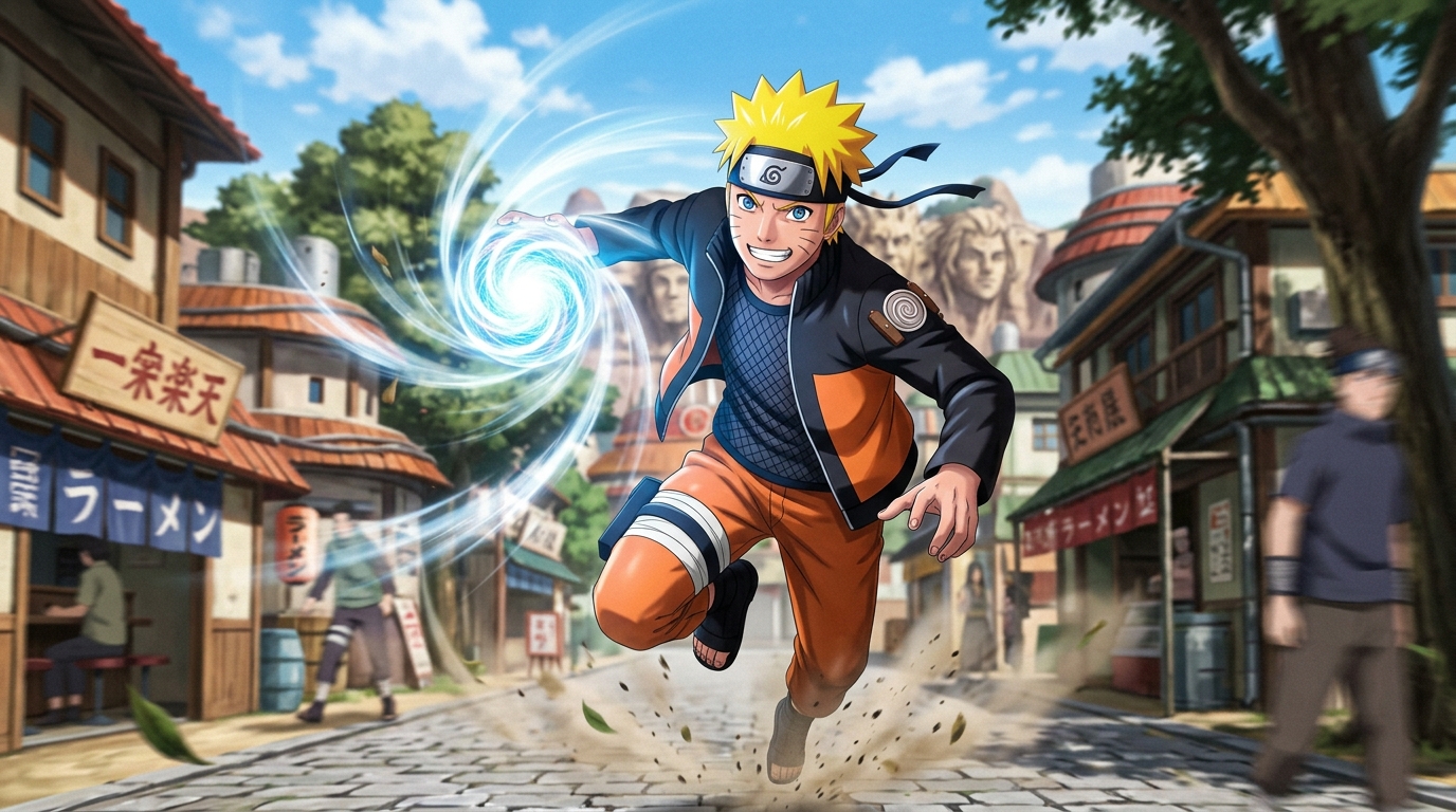 Naruto Uzumaki em cena ligada à sua trajetória como ninja de Konoha