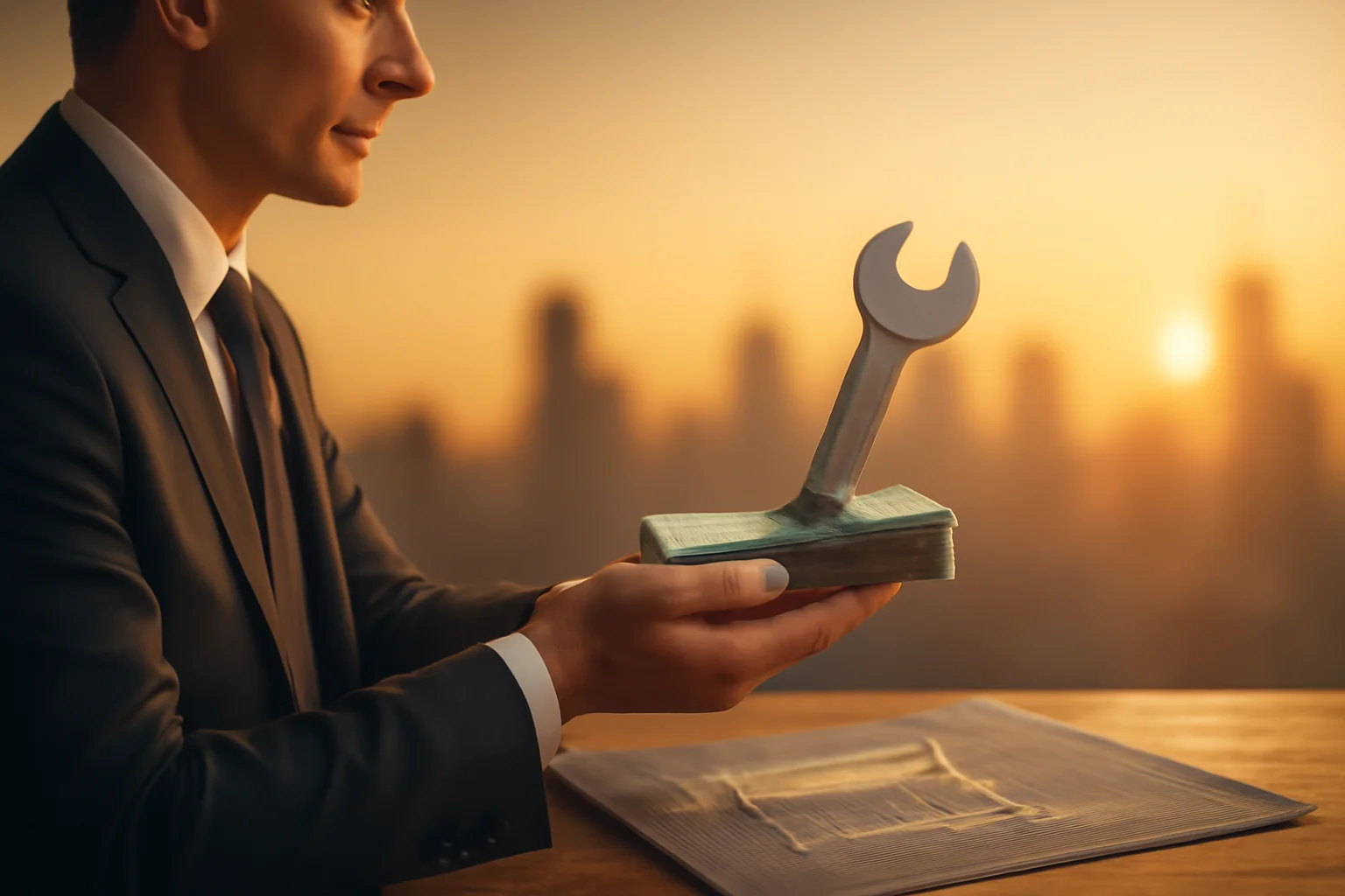 Cena de devocional com pessoa de negócios segurando notas verdes e chave inglesa, simbolizando a relação entre dinheiro e ferramentas na fé.