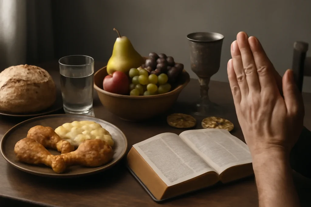 Cena de uma mesa de jantar com alimentos, uma Bíblia aberta e uma mão em oração, refletindo devocional prático sobre dinheiro, mordomia e idolatria