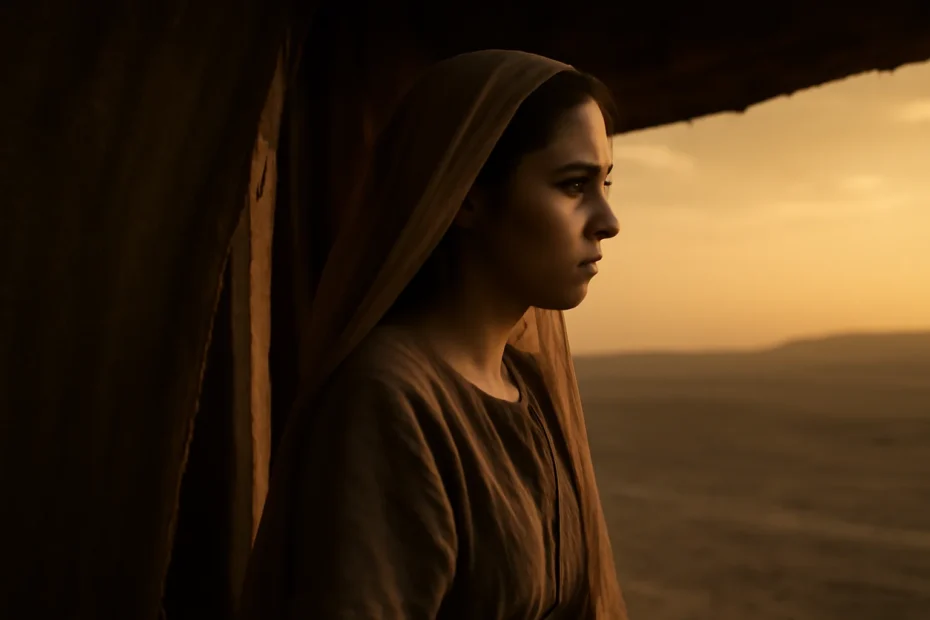 Lia, jovem hebreia em frente à tenda, sob pôr do sol dourado, retratada com expressão melancólica e força interior