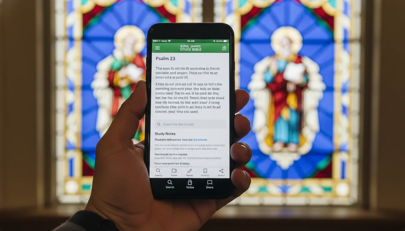 Celular exibindo app da bíblia king james, mostrando como baixar bíblia de estudo king james no seu dispositivo móvel.