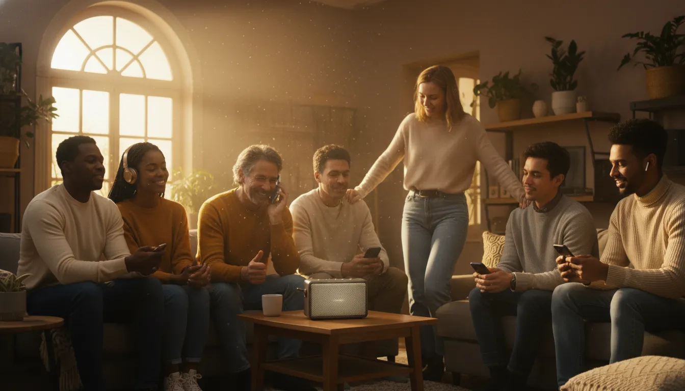 Pessoas diversas ouvindo música gospel em dispositivos, irradiando alegria, representando a experiência de ouvir 1000 músicas gospel download. Fotorrealismo.