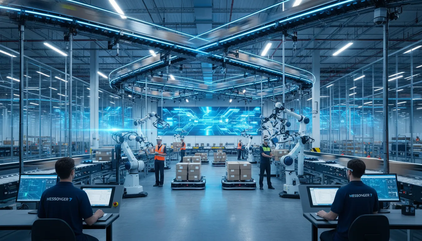 Centro de distribuição da Mensageiro 7 com tecnologia avançada, refletindo a visão profética Habacuque de otimização e modernidade.