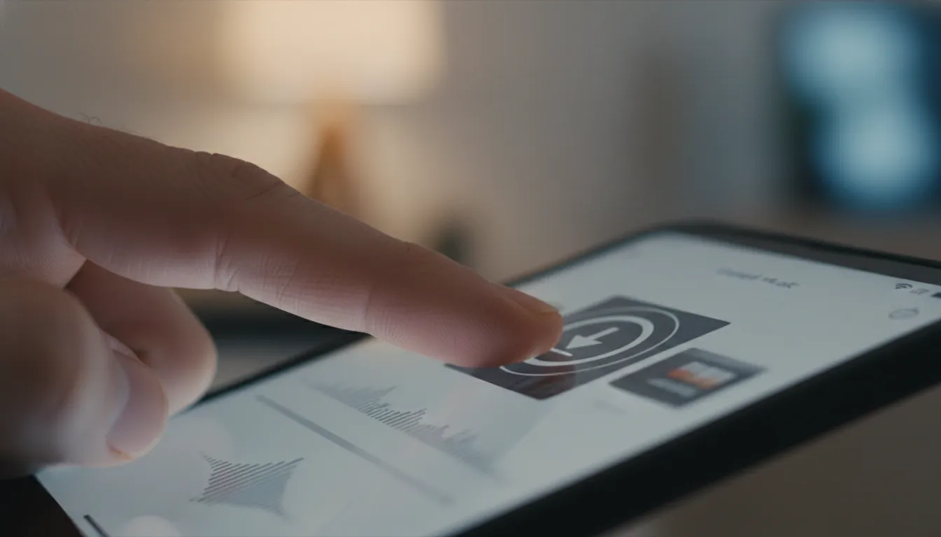 Mão tocando em um botão de 'download' em um smartphone, com interface de app de música gospel, facilitando o acesso a 1000 músicas gospel download. Fotorrealismo.
