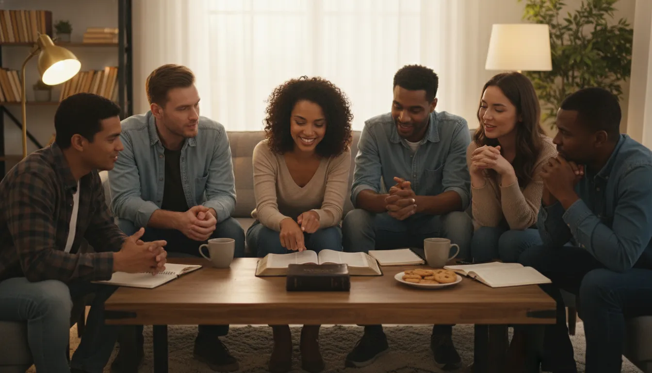 Grupo estudando com uma bíblia king james, ideal para baixar bíblia de estudo king james e aprender em comunidade.