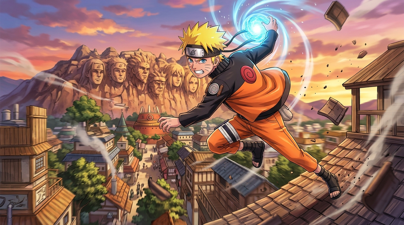 Naruto Uzumaki em sua trajetória como protagonista de Naruto e ninja de Konoha